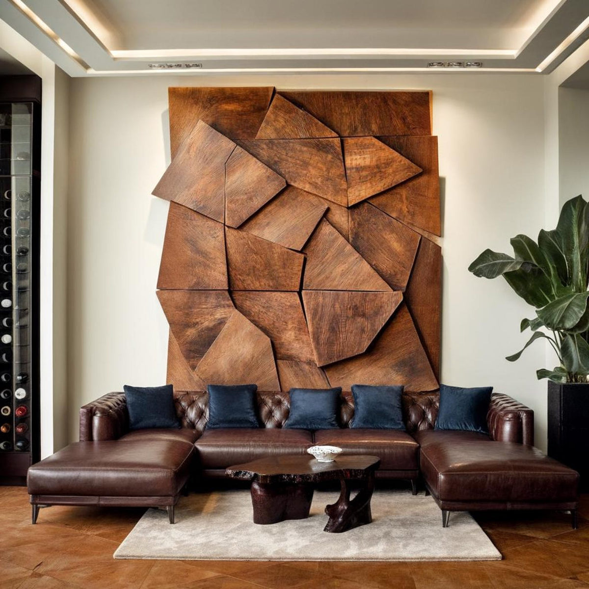 Abstract Faceted Wood Panel Wall Art, 55 in Wide, 39 to 71 in Tall
