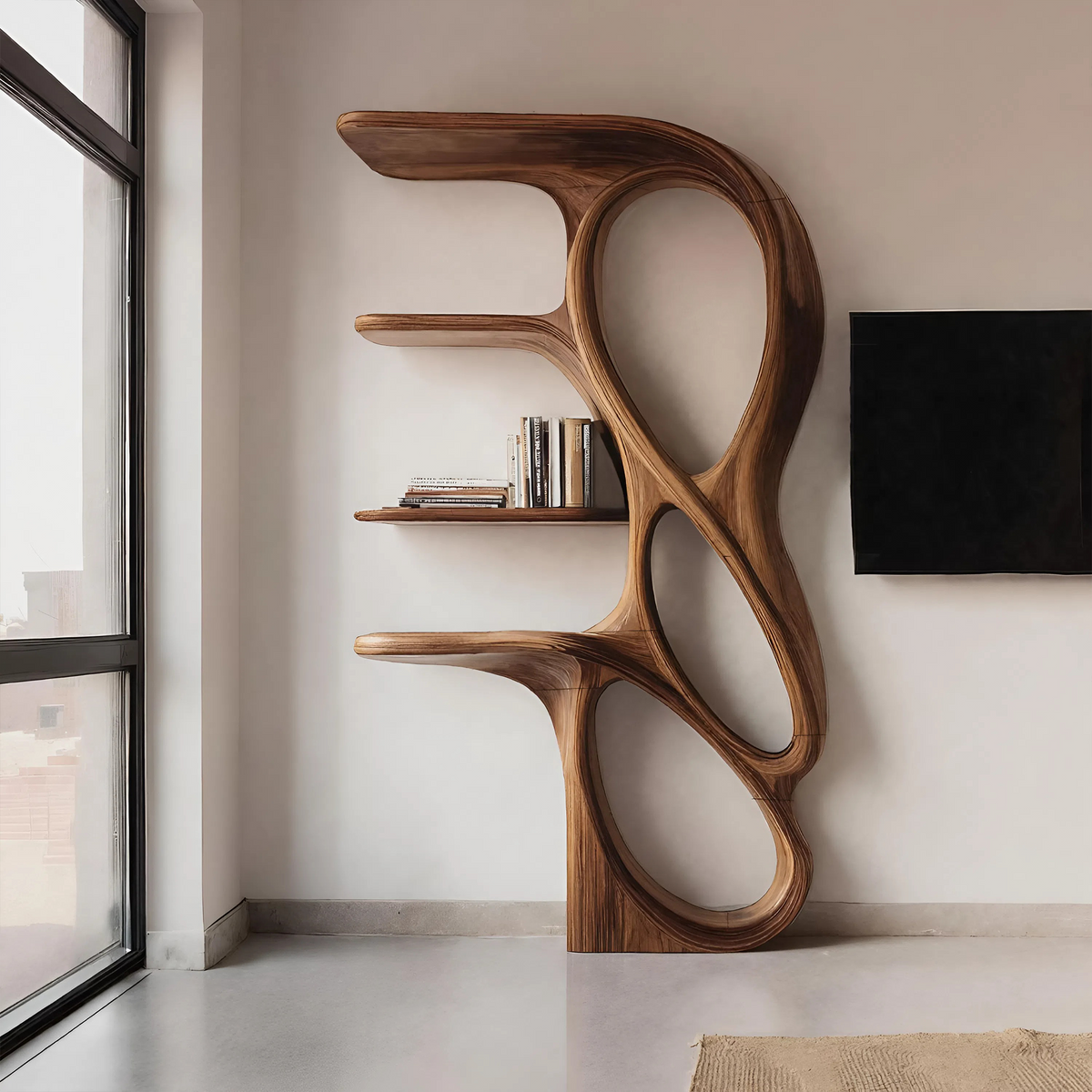Tall Open Curved Art Bookshelf In Solid Wood, 71 to 86 Inch High