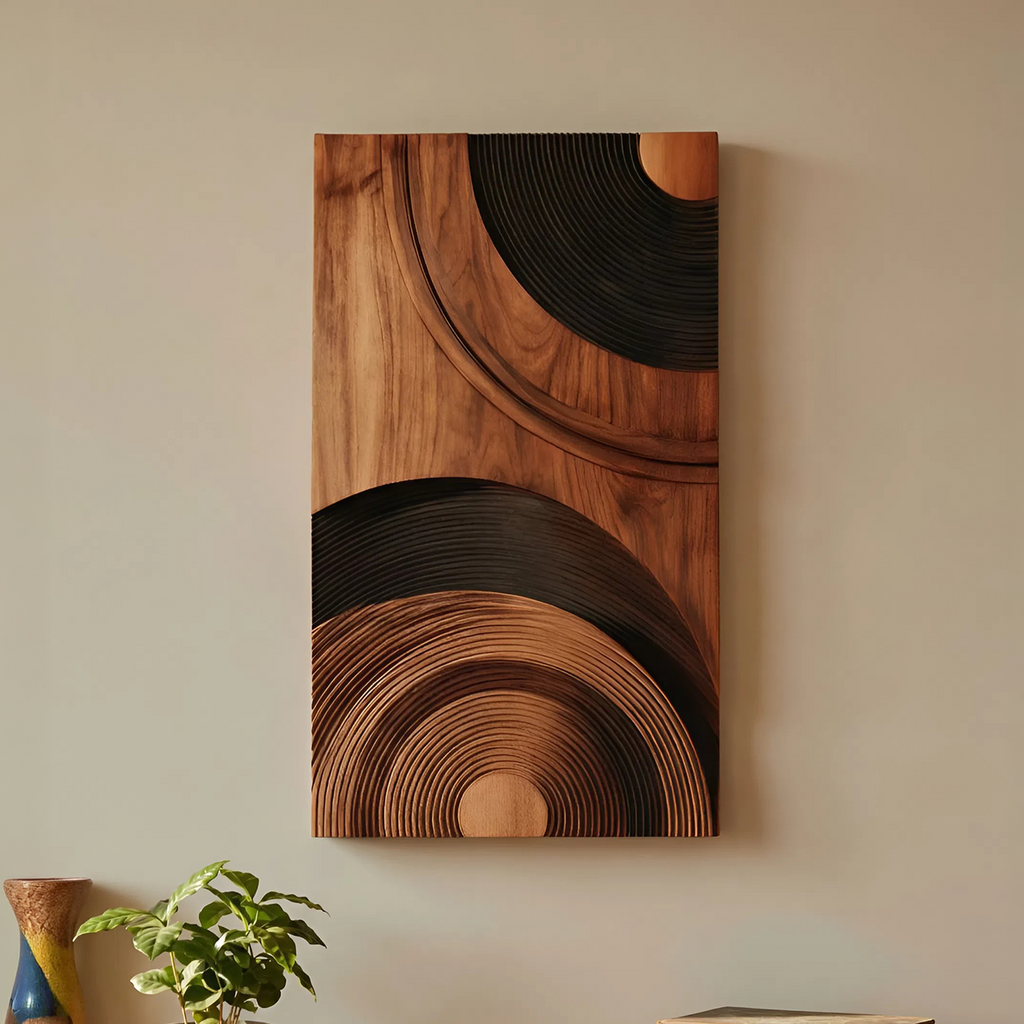 Mid Century Abstract Wood Wall Decor, Handcrafted Geometric Wooden Sculpture Panel for Modern Living Room & Entryway Accent