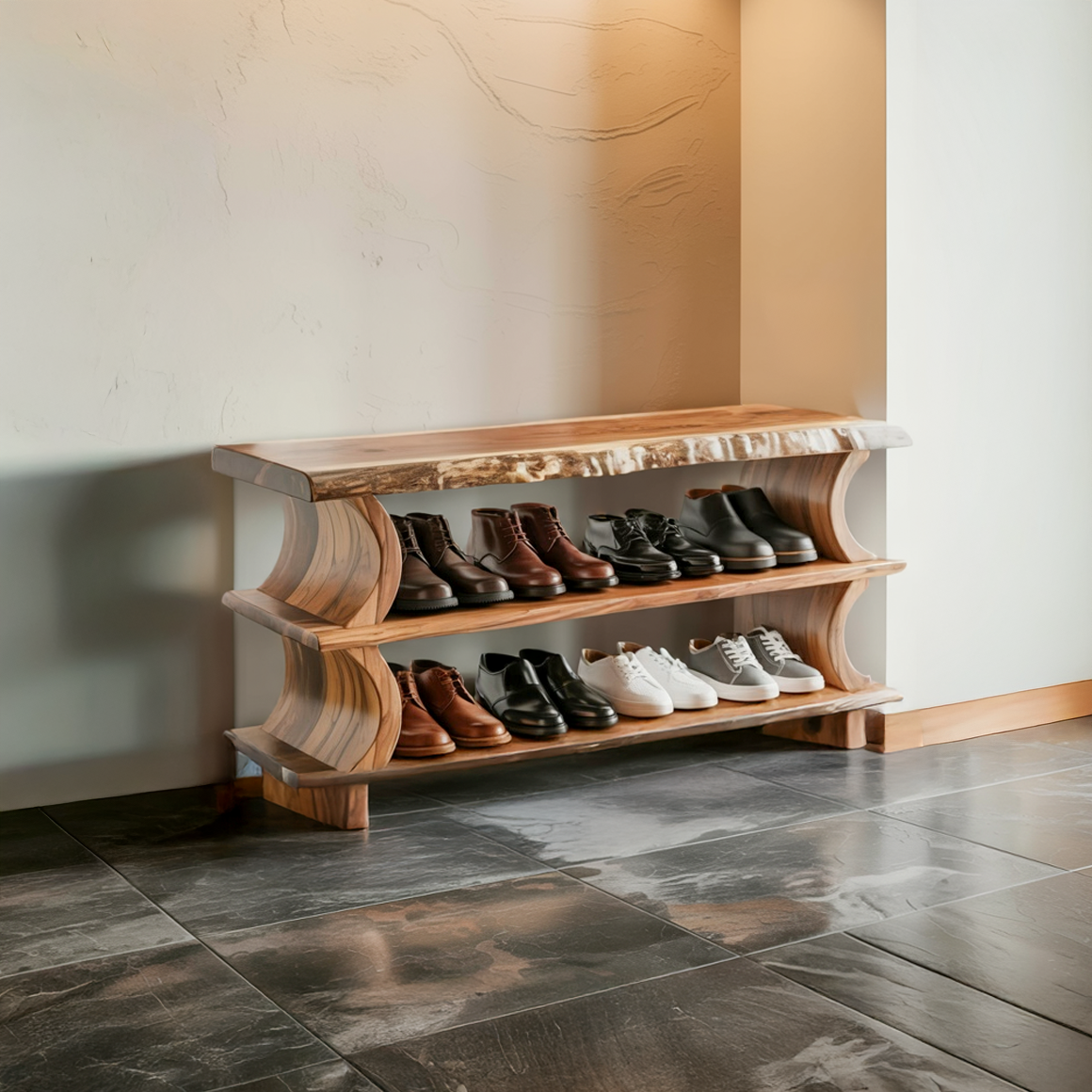 Wavy Solid Wood Shoe Rack Bench For Mudroom, 32 To 60 Inch