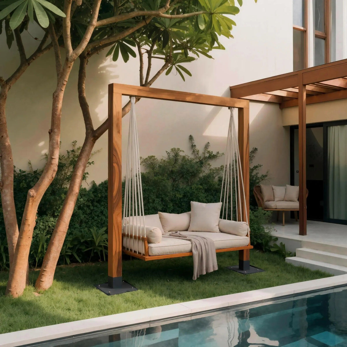 Freestanding Wood Frame Patio Swing Bed with Cotton Rope, 65-86 in
