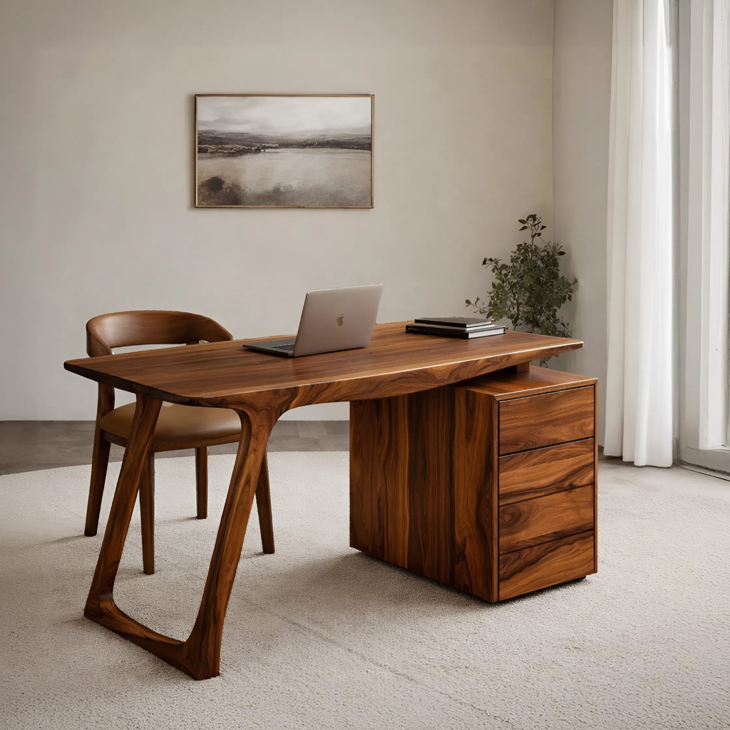 Live Edge Top Home Office Desk With Side Storage Cabinet, 59-79 In