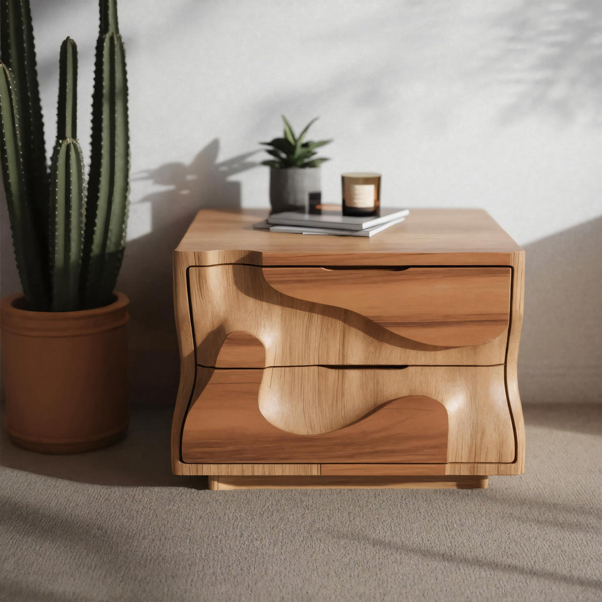 Modern Wavy Nightstand With Carved Drawer Cabinet For Bedroom And Living Room