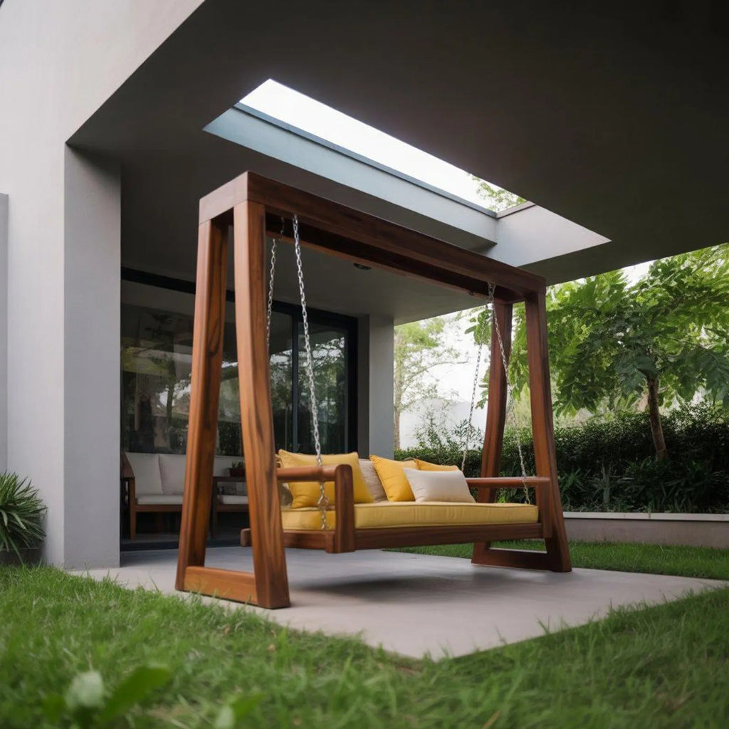 A-Frame Wood Porch Swing Bench for Garden or Deck, 65 to 86 in Tall