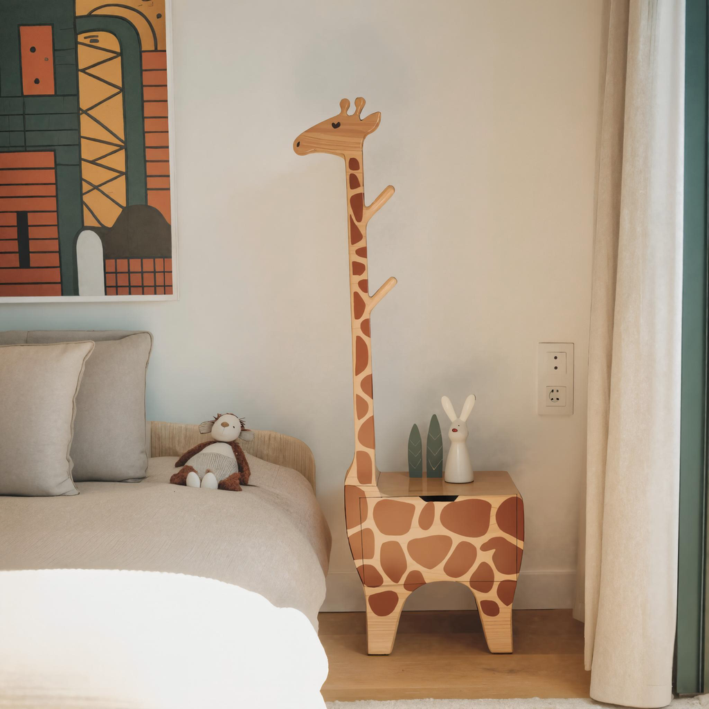 Adorable Giraffe Nightstand With Hooks And Drawer For Kids Room And