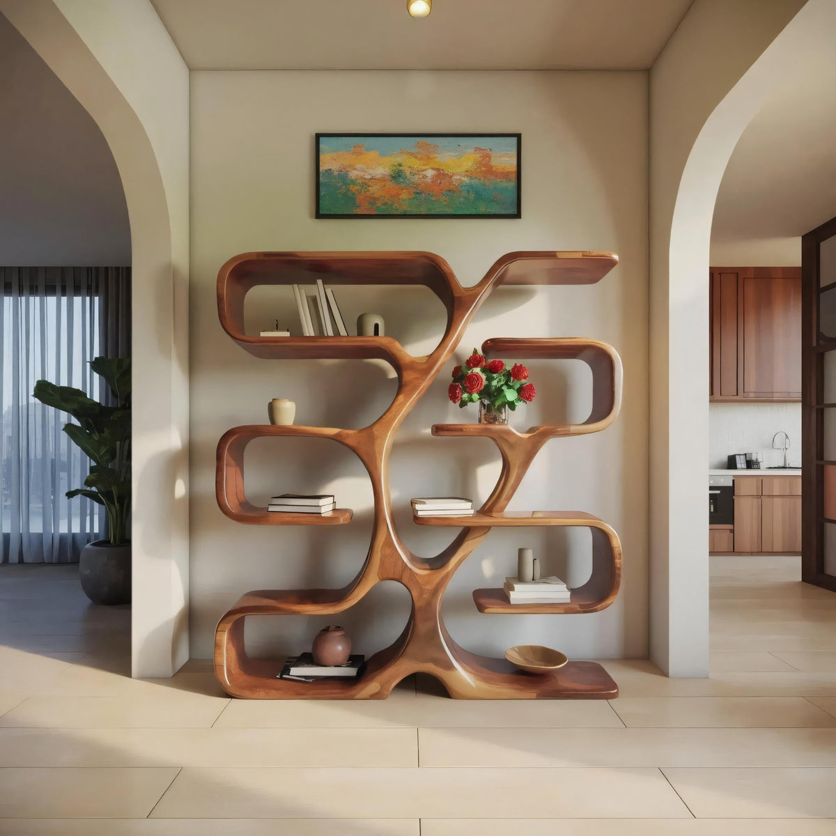 Wall-Mounted Live Edge Bookshelf with Radiating Plank Shelves