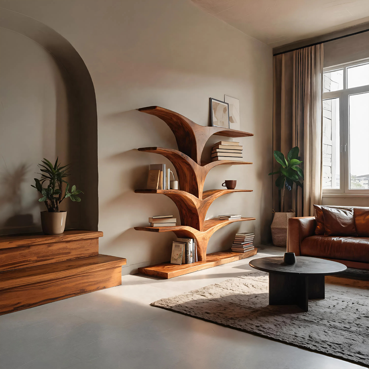 Curved Side Solid Wood Bookcase, 59 To 79 Inch Tall
