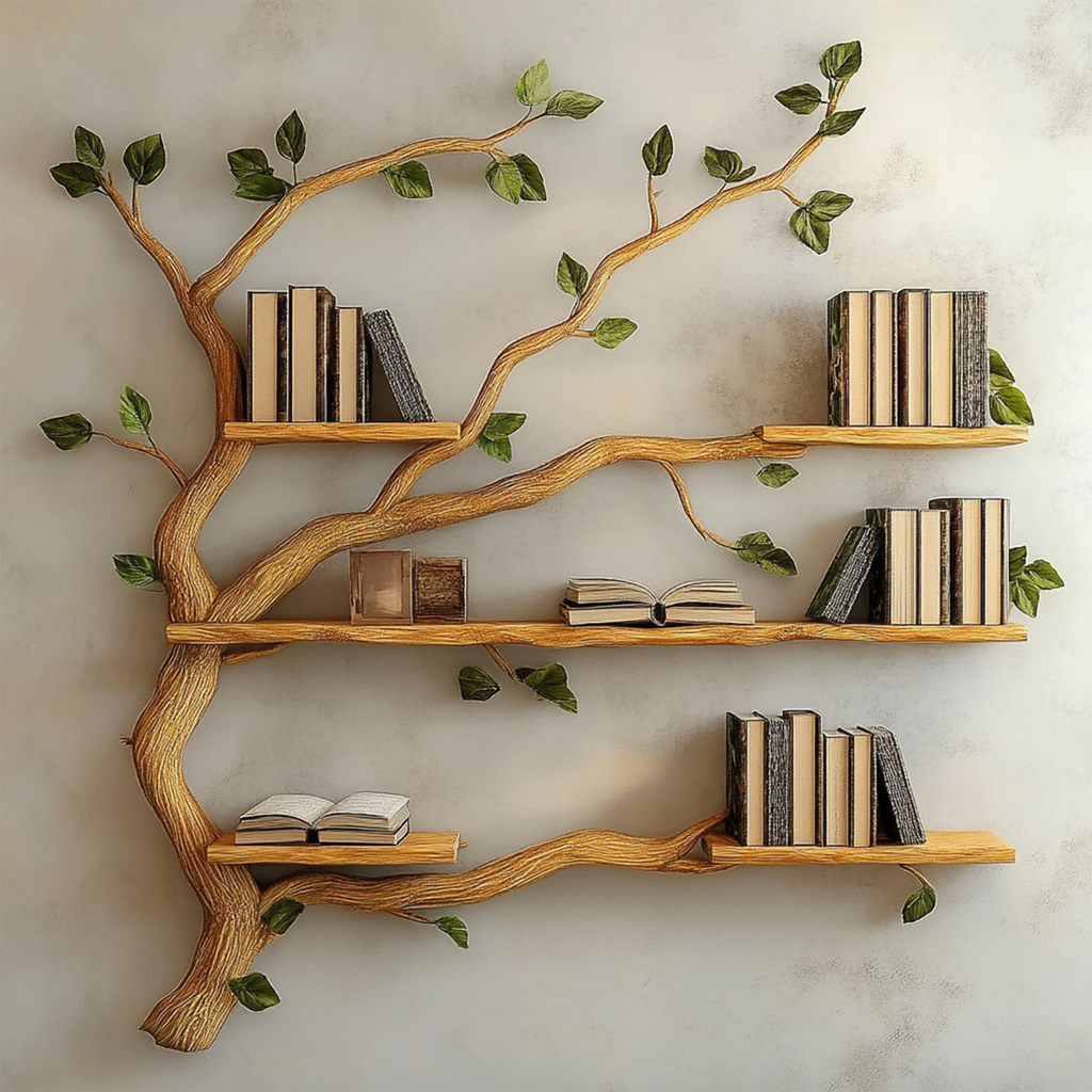 Natural Branch Frame Wall Bookshelf with Floating Shelves, 40-60 in