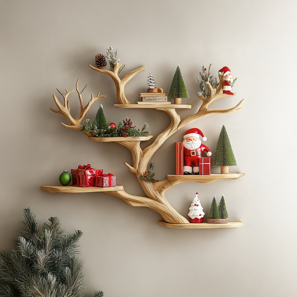 Tree Branch Corner Shelf, Floating Mid Century Wood Bookshelf