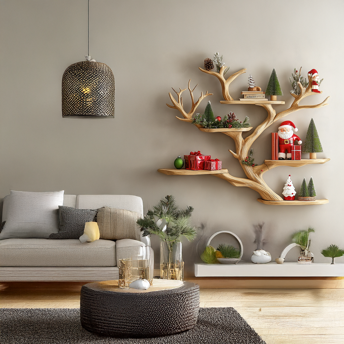 Brown Branch Corner Wall Shelf with Floating Boards, 40 to 60 in