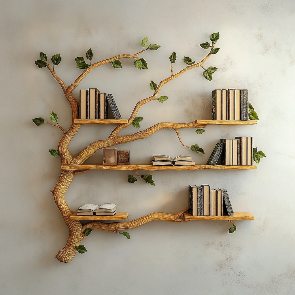Natural Branch Frame Wall Bookshelf with Floating Shelves, 40-60 in