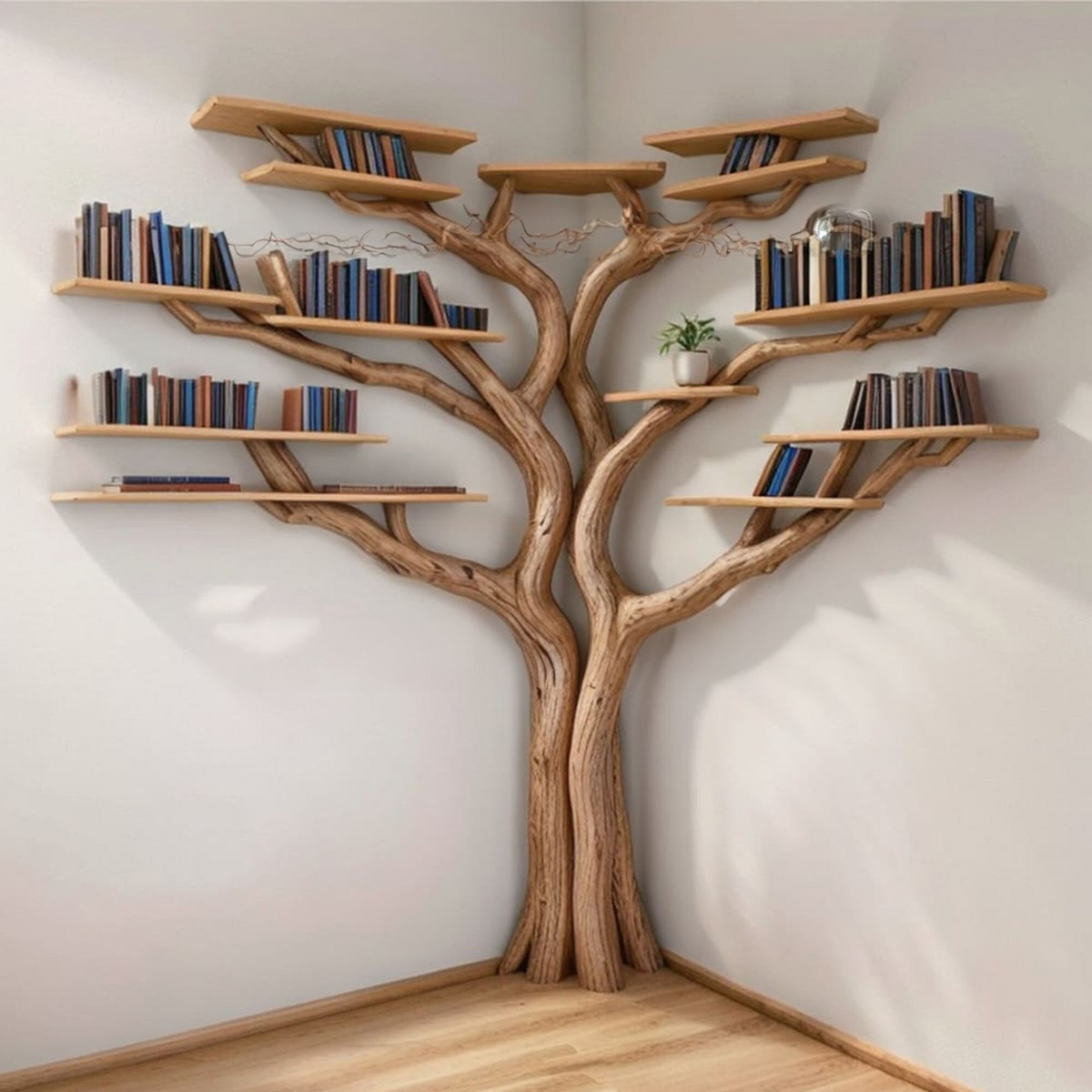 Tree Branch Floating Corner Bookshelf with Optional L-Shaped Bench