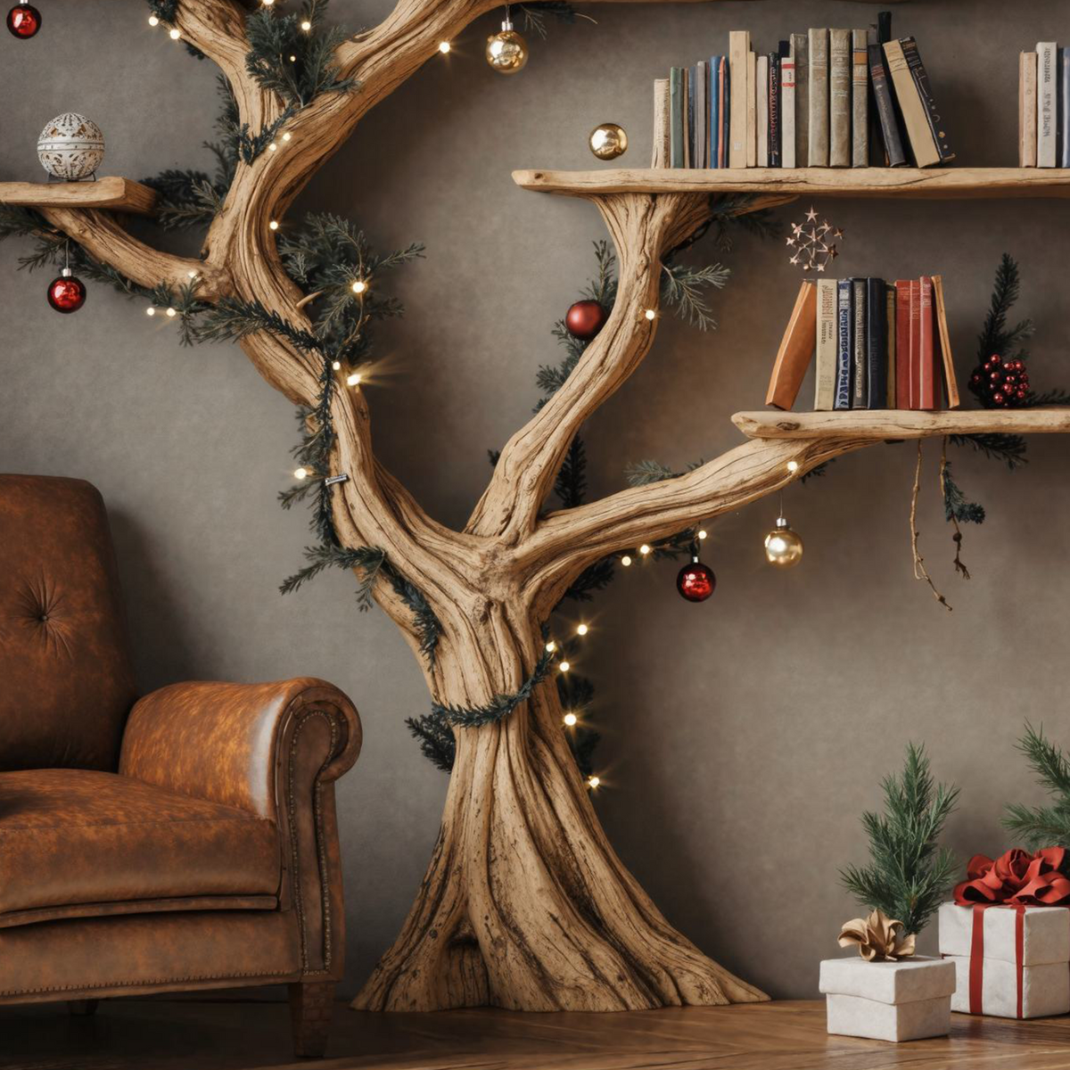 Square Driftwood Branch Wall Shelf in Brown, 70 by 70 Inches