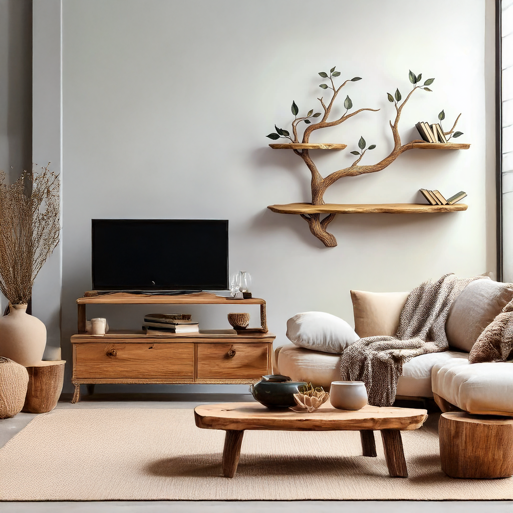 Compact Wood Tree Branch Floating Bookcase for Small Walls