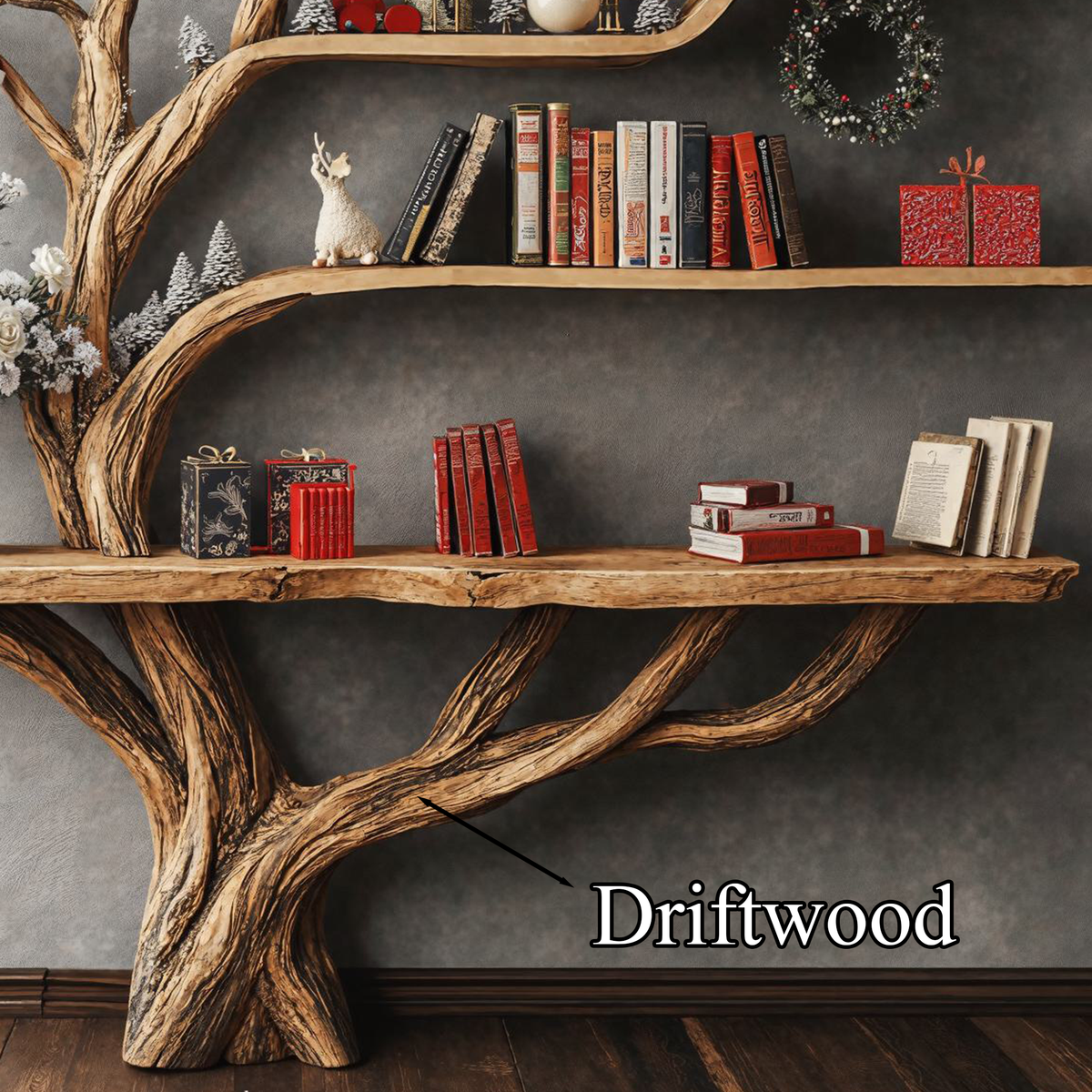 Narrow Floating Live Edge Console Table with Tree Branch Bookshelf