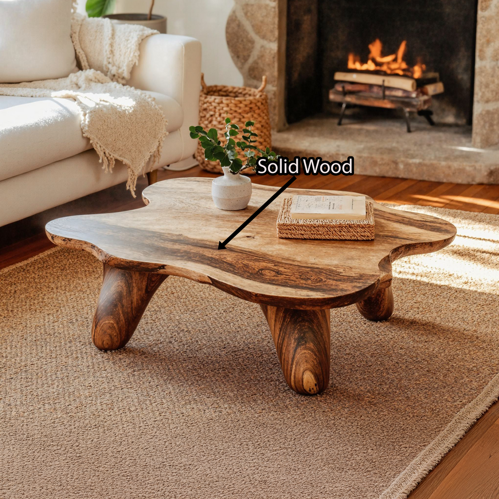 Low Curved Natural Wood Coffee Table, 32 To 47 Inch Wide