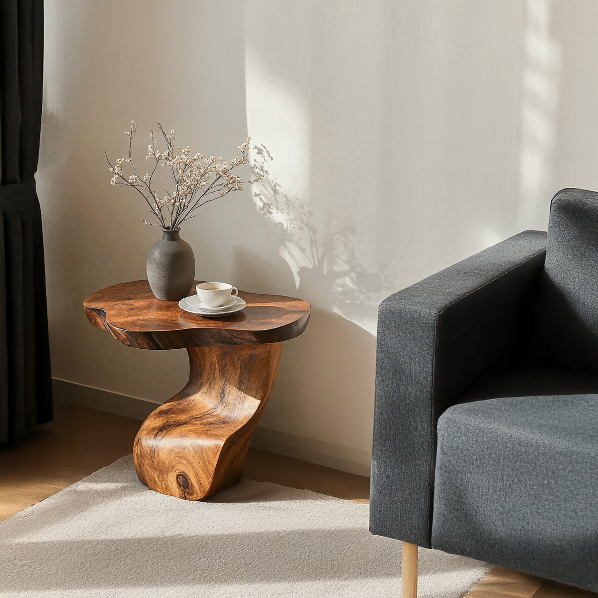 Compact Brown Wood Nightstand or Sofa Side Table, Oil-Waxed