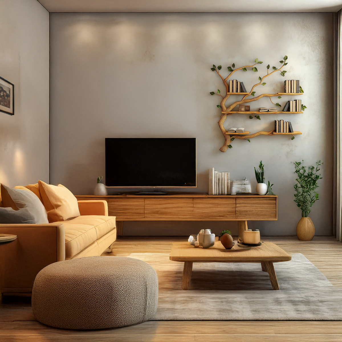 Natural Branch Frame Wall Bookshelf with Floating Shelves, 40-60 in