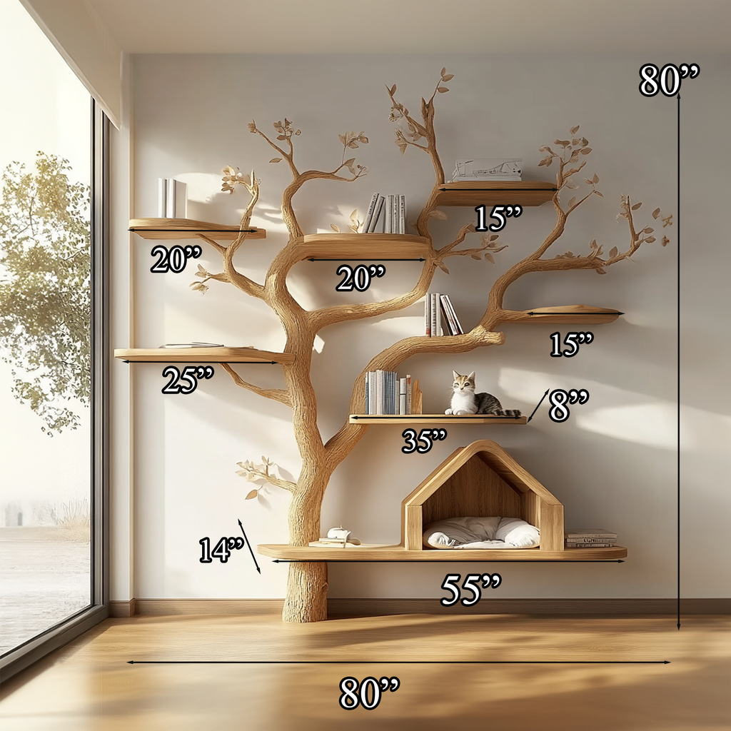 Large Wood Cat Tree, 80 Inch Natural Branch Climbing Tower