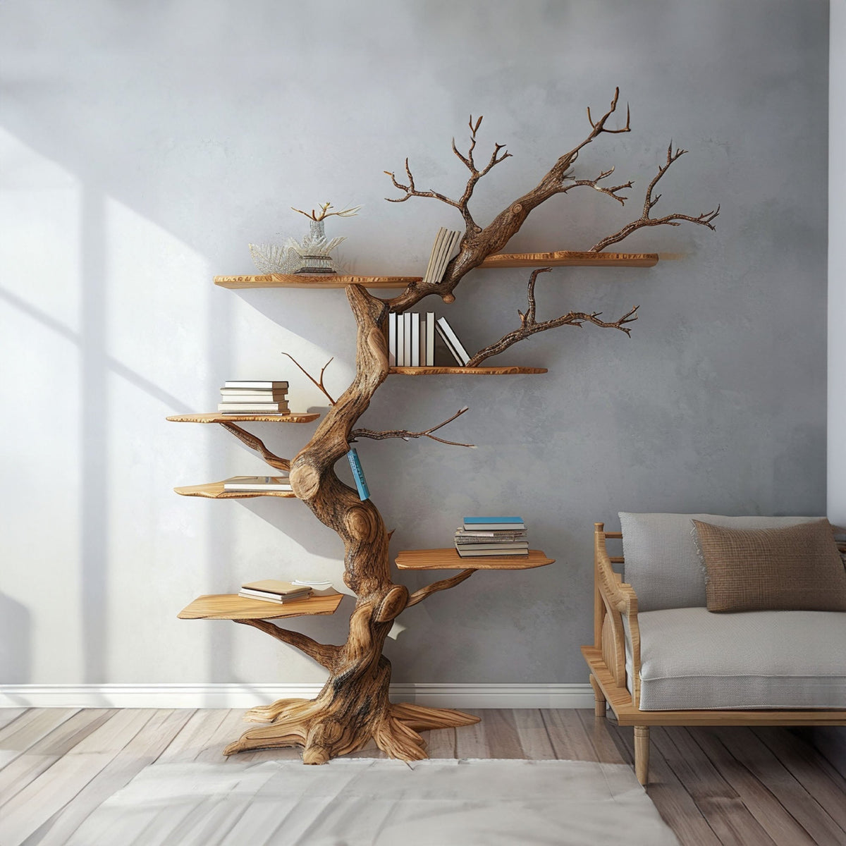 Large Branch Tree Wall Shelf with Live Edge Boards, 80 x 70 in