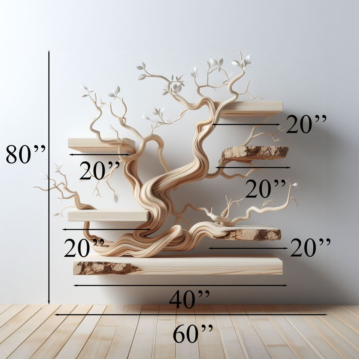 Natural Branch Wall Display with Live Edge Boards, 80 x 60 Inch
