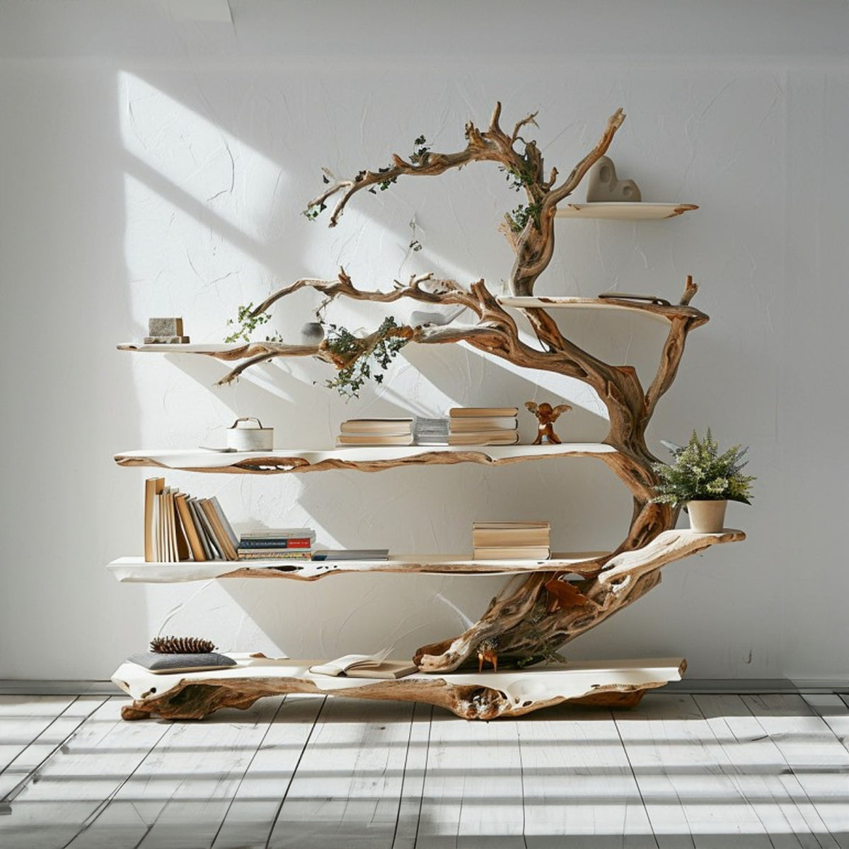 Freestanding Corner Branch Shelf with Live Edge Tiers, 70 in Tall