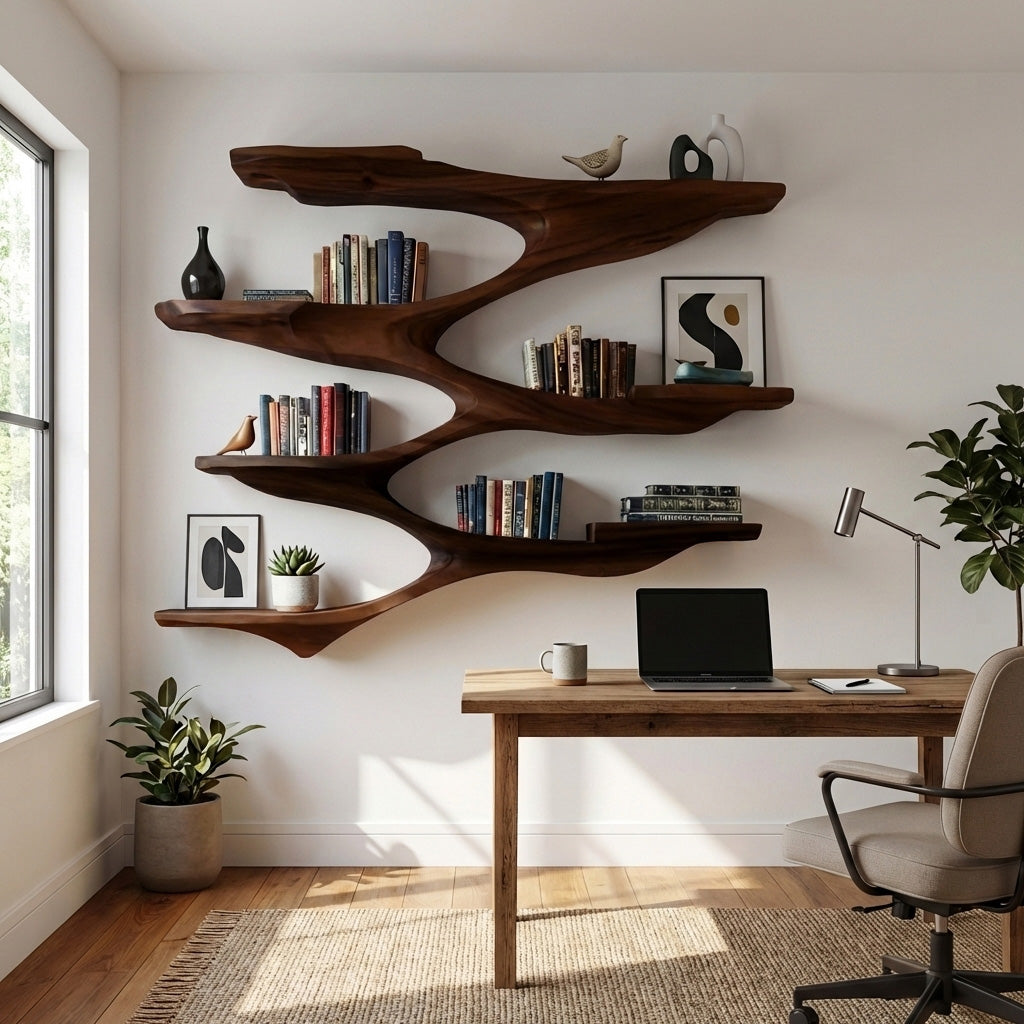 Fanned Tier Wood Wall Shelf with Central Spine, 47 to 71 in Tall