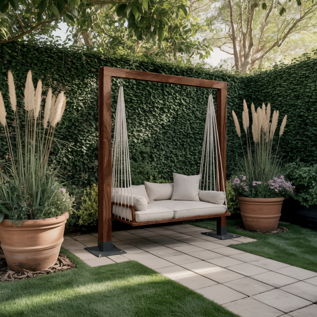 Freestanding Wood Frame Patio Swing Bed with Cotton Rope, 65-86 in
