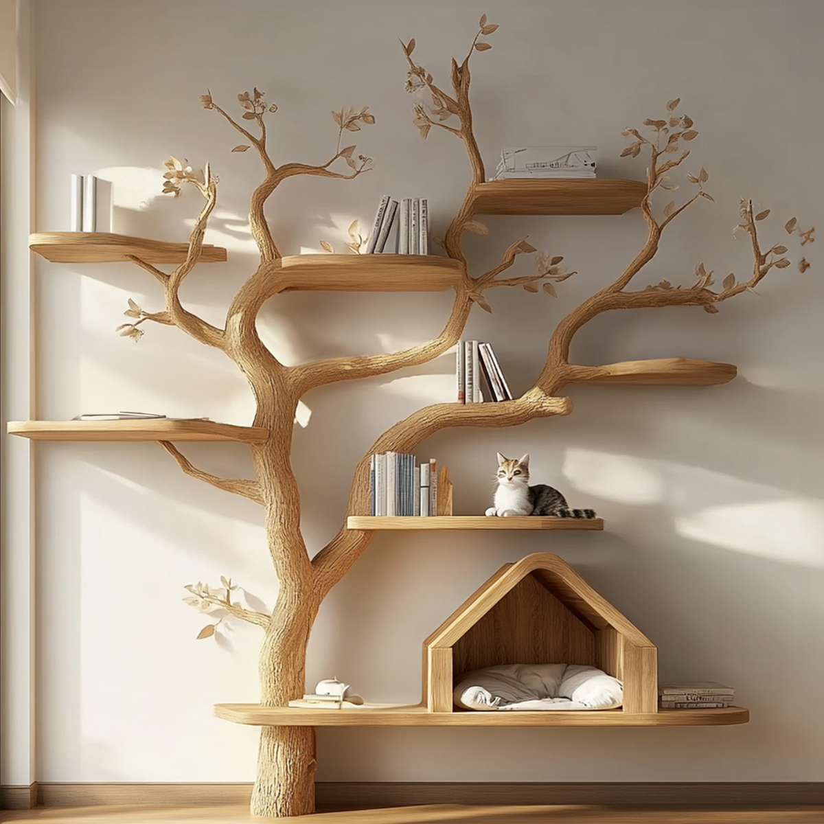 Large Wood Cat Tree, 80 Inch Natural Branch Climbing Tower