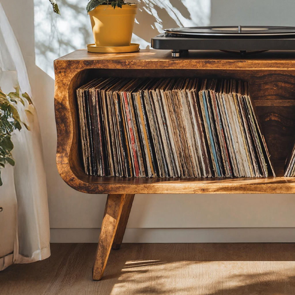 Rustic Brown Wood Turntable Console with Vinyl Space, 32-47 in