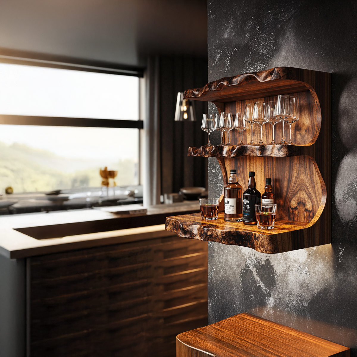 Reclaimed Tamarind Wood Floating Wine Bar Shelf
