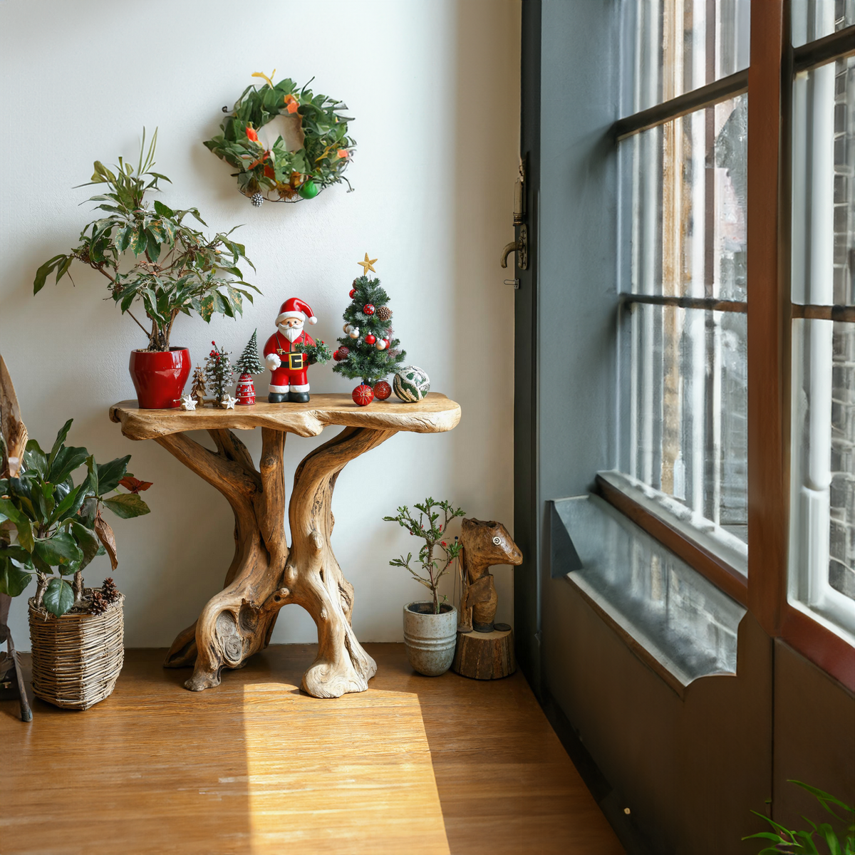 Christmas End Table, Farmhouse Live Edge Solid Wood Side Table