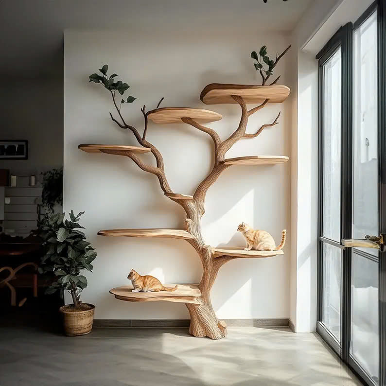 Handmade Large Wooden Cat Tree with Climbing Branches
