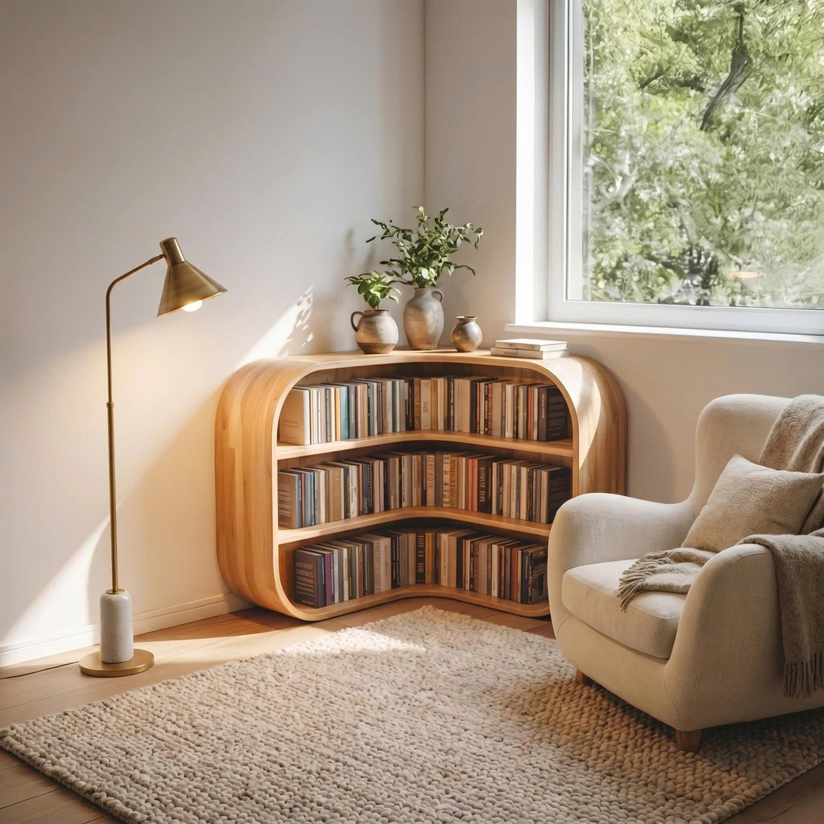 Curved Cubby Corner Bookcase in Natural Wood, 35 or 45 in Tall