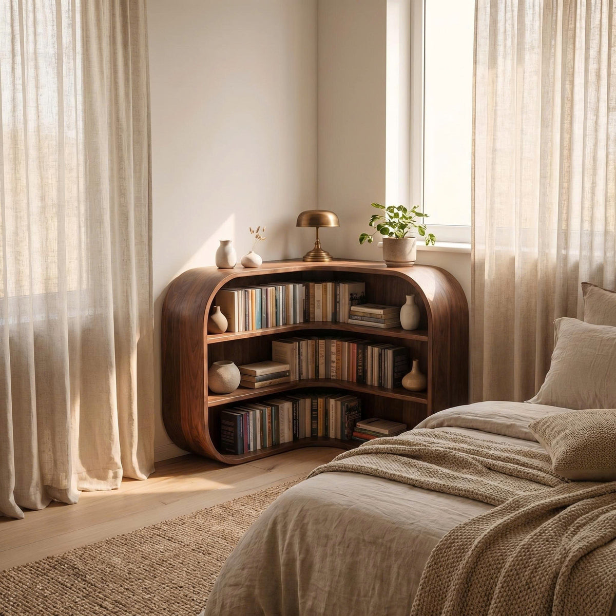 Curved Cubby Corner Bookcase in Natural Wood, 35 or 45 in Tall