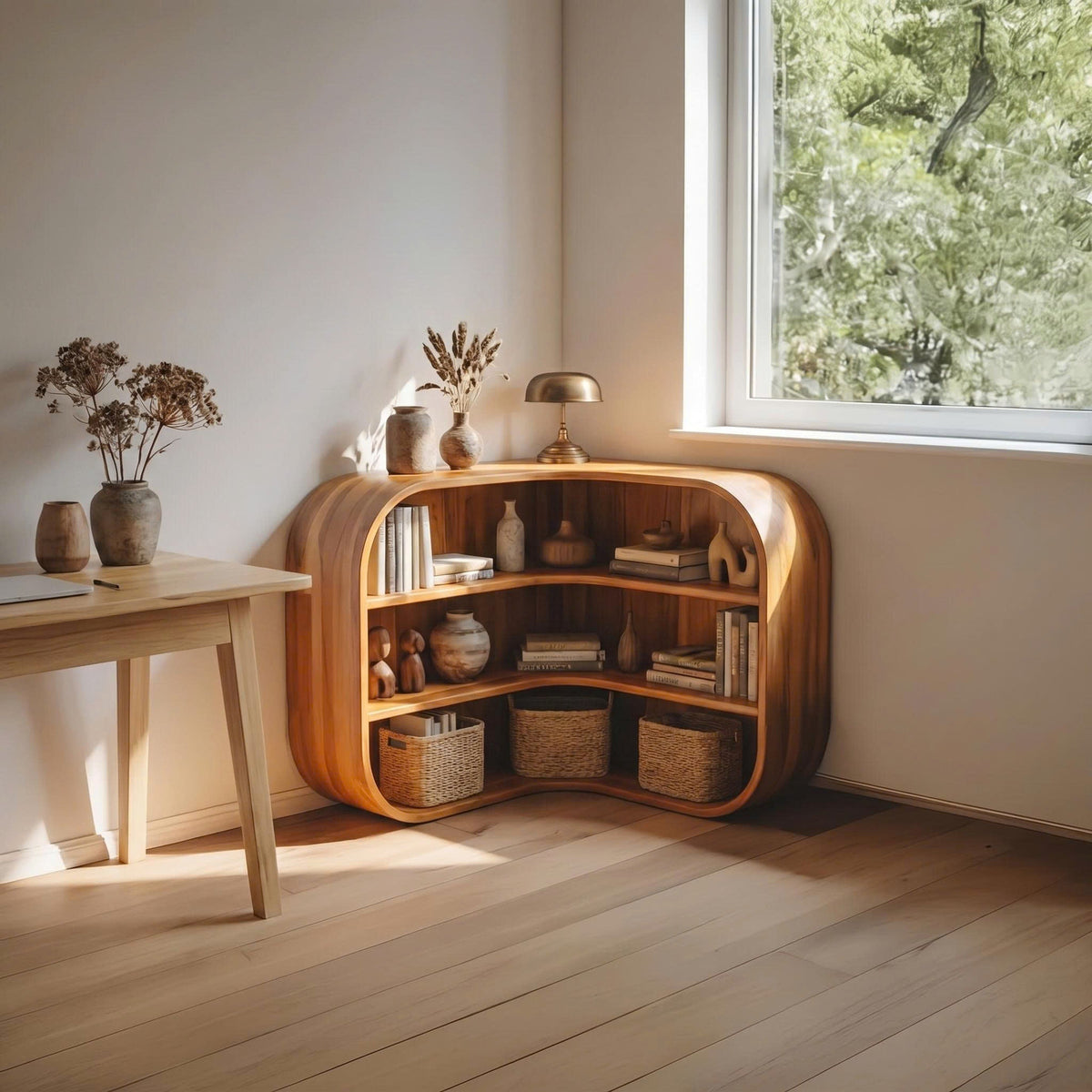 Curved Cubby Corner Bookcase in Natural Wood, 35 or 45 in Tall