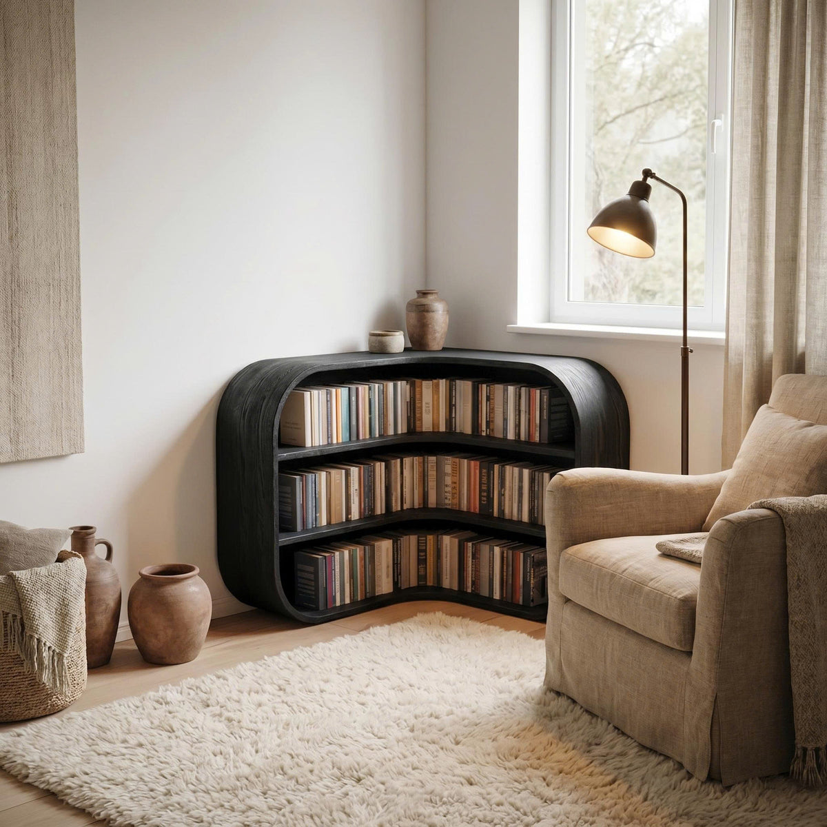 Curved Cubby Corner Bookcase in Natural Wood, 35 or 45 in Tall