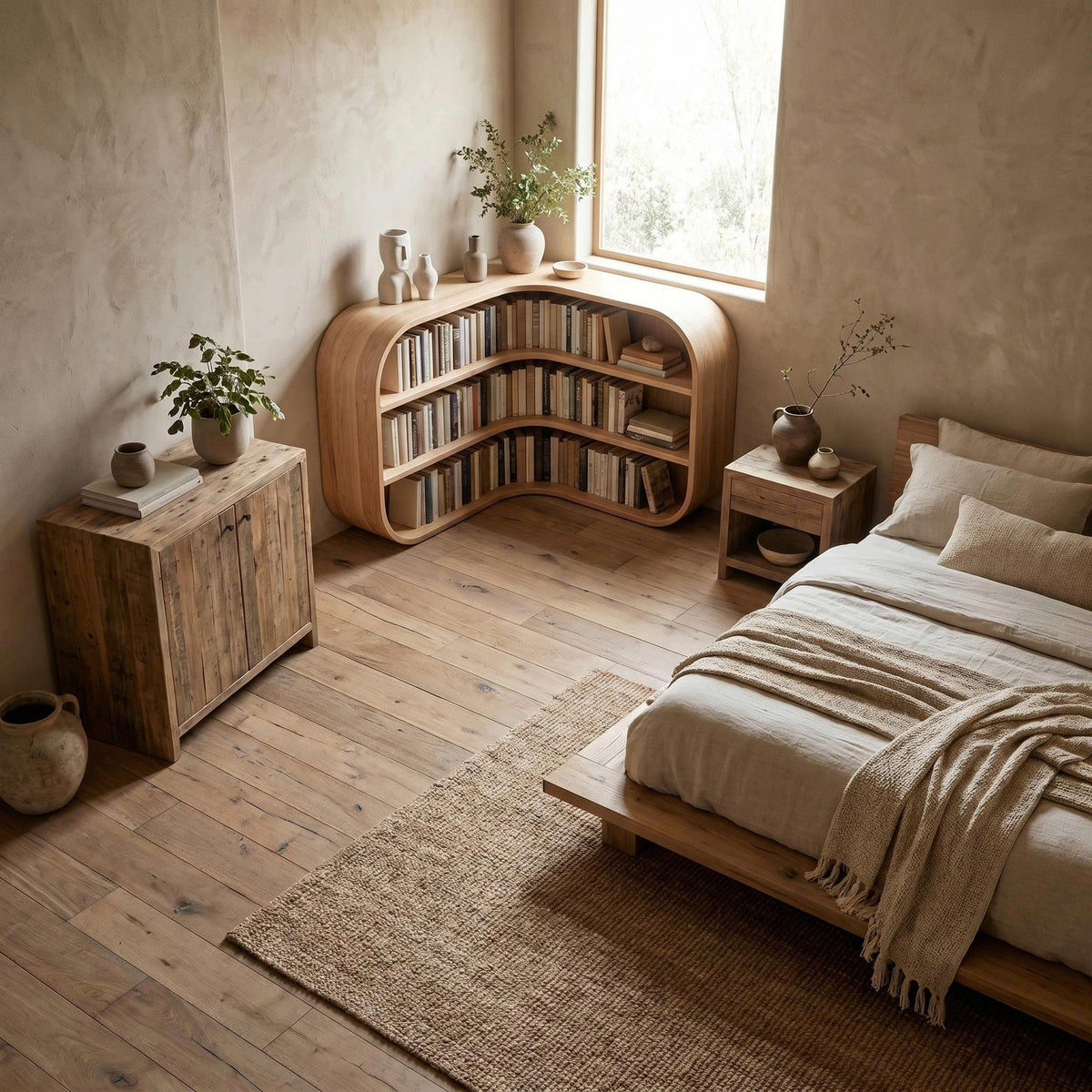 Curved Cubby Corner Bookcase in Natural Wood, 35 or 45 in Tall