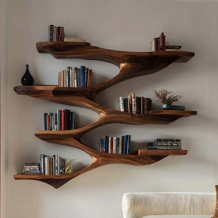 Fanned Tier Wood Wall Shelf with Central Spine, 47 to 71 in Tall